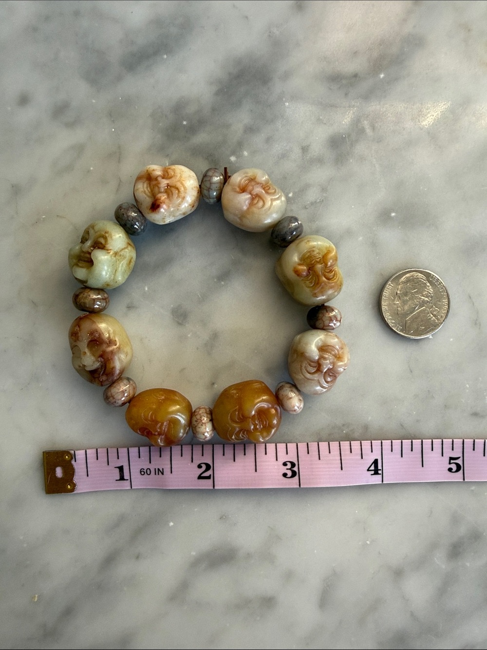 Chinese Natural Hetian Jade Hand Carved Buddha Heads Stretch Bracelet